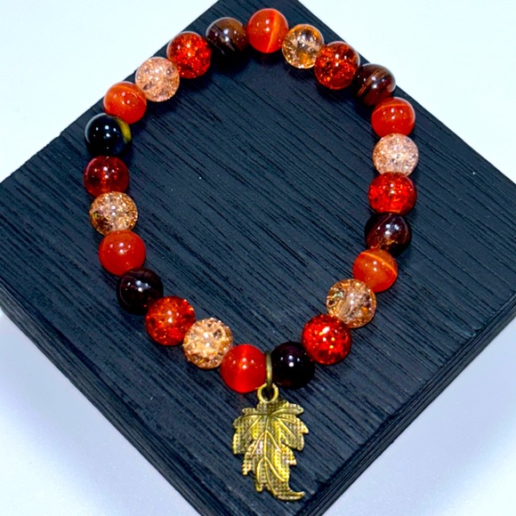Handmade Fall Leaf Charm Bracelet with Natural Tiger & Cat Eye! - Picture 6 of 6